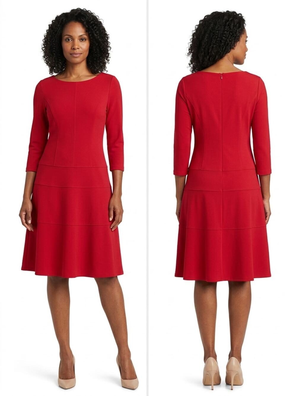 Anne Klein Red 3/4 Sleeve Fit & Flare Knit Dress Women Size 8